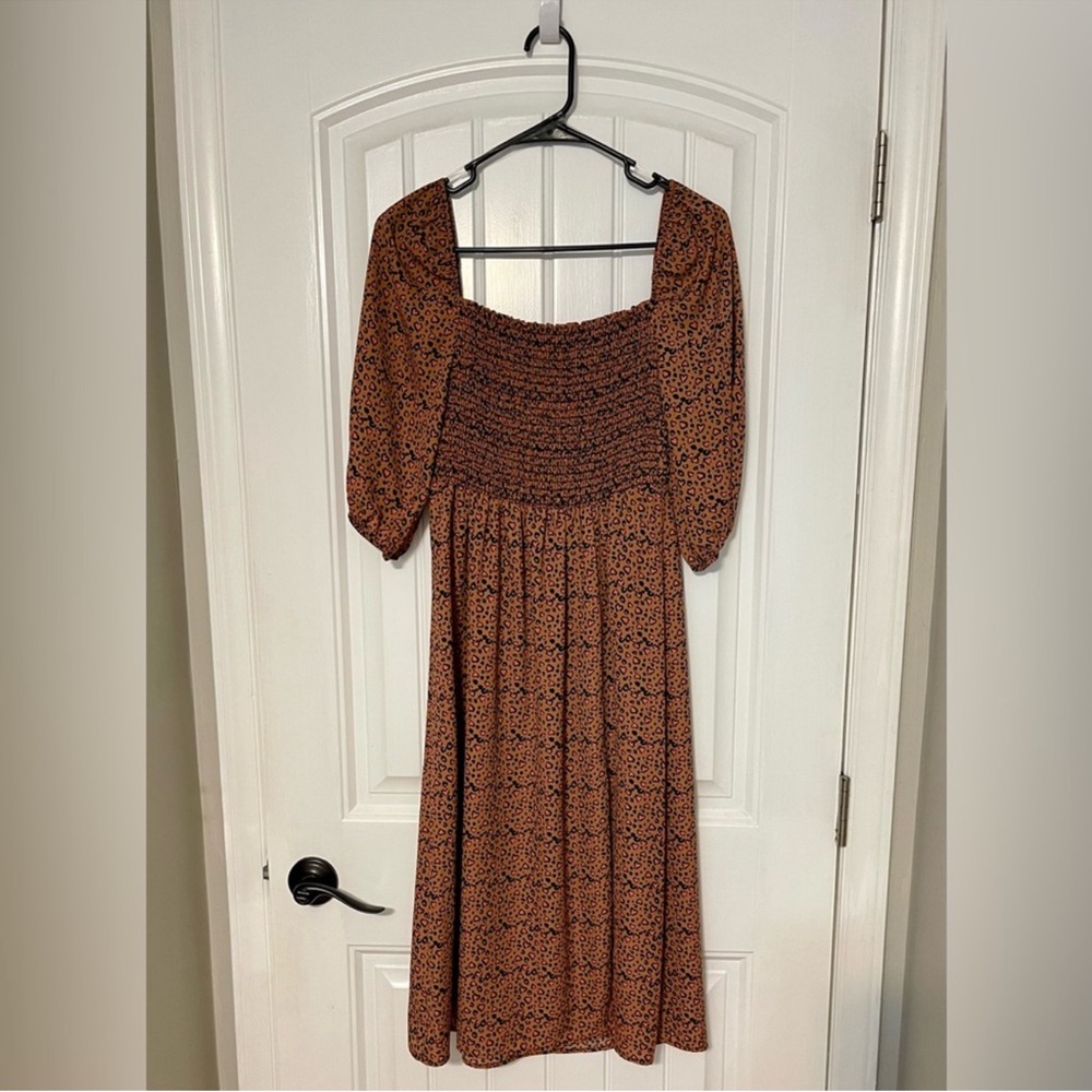 If She Loves Smocked Leopard Heart Print Midi Dress 3/4 Sleeves NWT